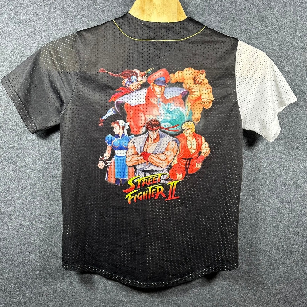 Street Fighter II Mens Baseball Jersey Black White Split Kanji Graphic Shirt M - Picture 2 of 14